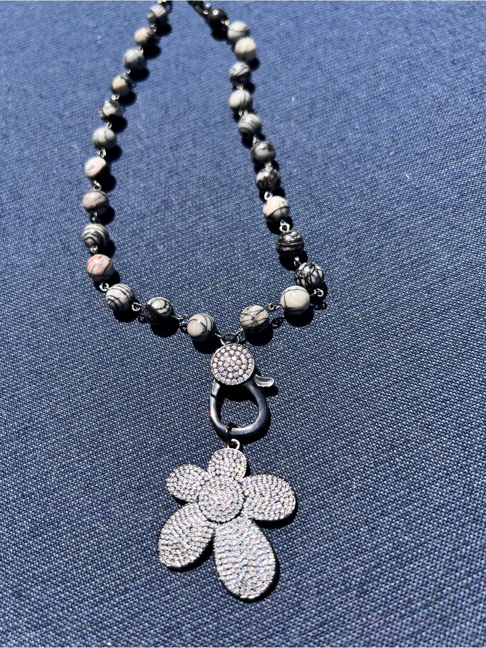 Flower 🌺“Crystal” and Black and Grey Bead necklace